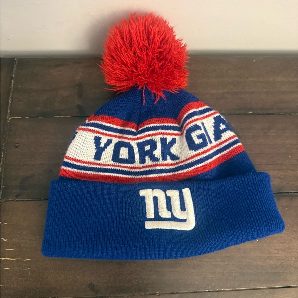 New York Giants Pom Beanie Hat NFL Team Apparel Kids Blue Red Winter Cap